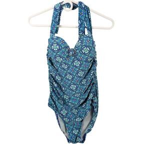 Assets By Spanx Swimsuit Womens Medium Halter One Piece Padded Ruched Swimwear